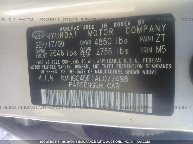 KMHGC4DE1AU077498 - 2010 HYUNDAI GENESIS 3.8L GOLD photo 9