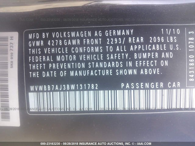 WVWBB7AJ3BW131782 - 2011 VOLKSWAGEN GOLF BLACK photo 9