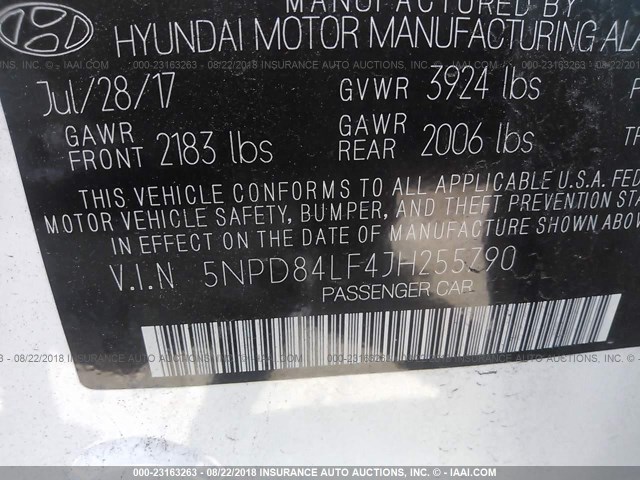 5NPD84LF4JH255790 - 2018 HYUNDAI ELANTRA SEL/VALUE/LIMITED WHITE photo 9