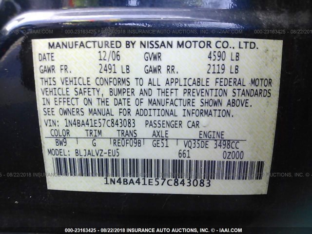 1N4BA41E57C843083 - 2007 NISSAN MAXIMA SE/SL BLUE photo 9