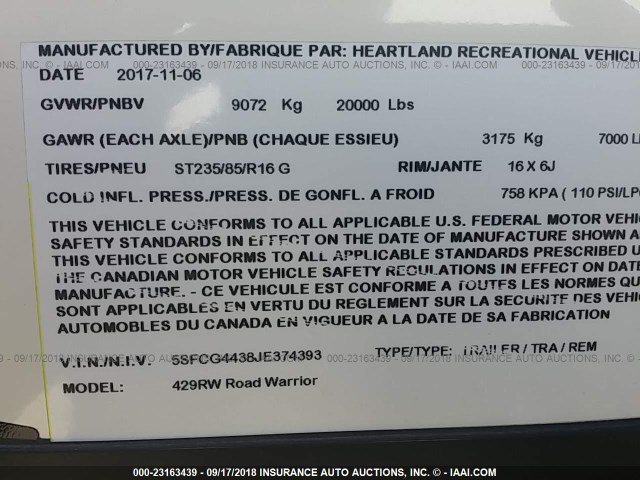 5SFCG4438JE374393 - 2018 HEARTLAND ROAD WARRIOR 429  GOLD photo 9