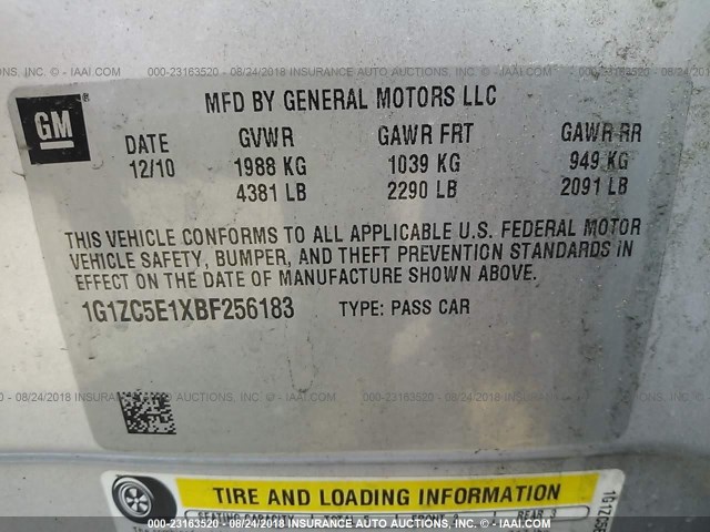 1G1ZC5E1XBF256183 - 2011 CHEVROLET MALIBU 1LT ვერცხლისფერი ფოტო 9