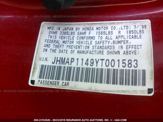 JHMAP1149YT001583 - 2000 HONDA S2000 RED photo 9