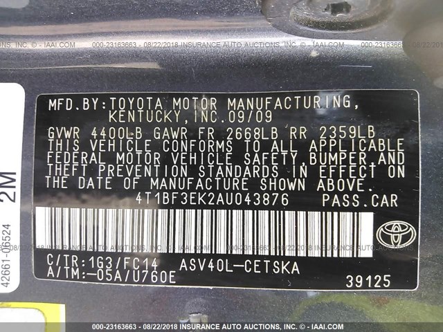 4T1BF3EK2AU043876 - 2010 TOYOTA CAMRY SE/LE/XLE ნაცრისფერი ფოტო 9