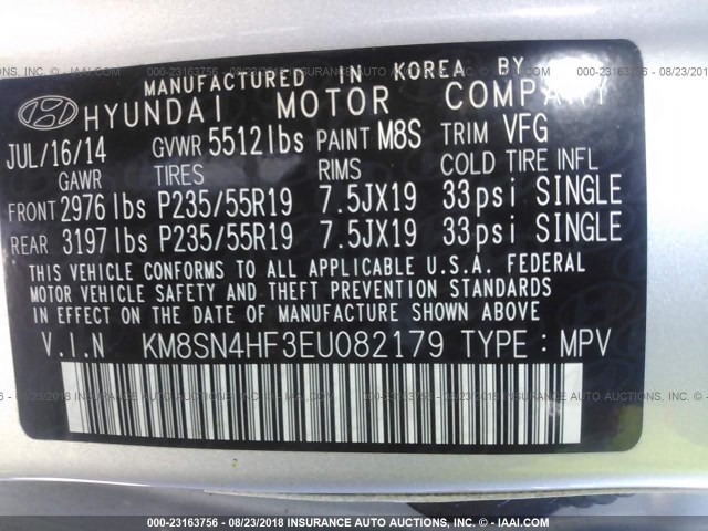 KM8SN4HF3EU082179 - 2014 HYUNDAI SANTA FE GLS SILVER photo 9