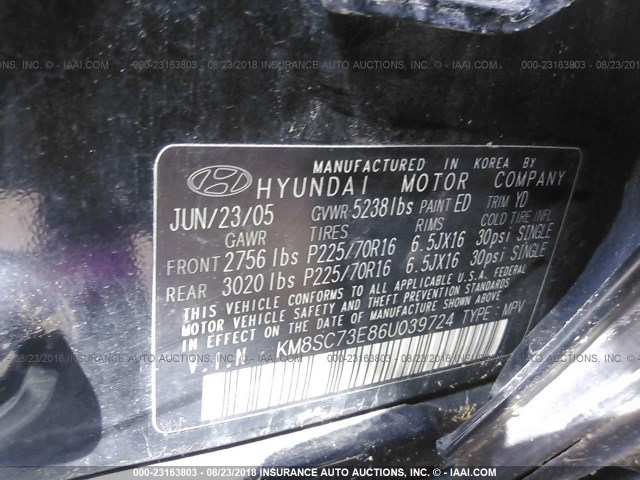 KM8SC73E86U039724 - 2006 HYUNDAI SANTA FE GLS/LIMITED BLACK photo 9