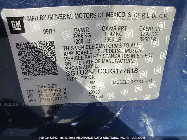 3GTU2NEC3JG177618 - 2018 GMC SIERRA K1500 SLT BLUE photo 9