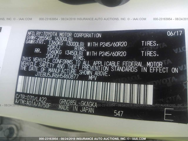 JTEBU5JR6H5460877 - 2017 TOYOTA 4RUNNER SR5 PREM/LTDL/TRAIL/TRD Biały zdjęcie 9