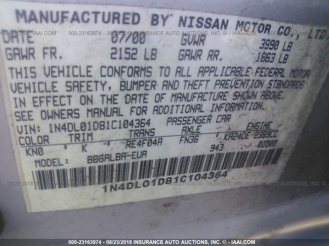 1N4DL01D81C104364 - 2001 NISSAN ALTIMA XE/GXE/SE GRAY photo 9