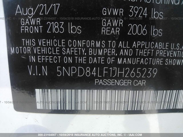 5NPD84LF1JH265239 - 2018 HYUNDAI ELANTRA SEL/VALUE/LIMITED WHITE photo 9