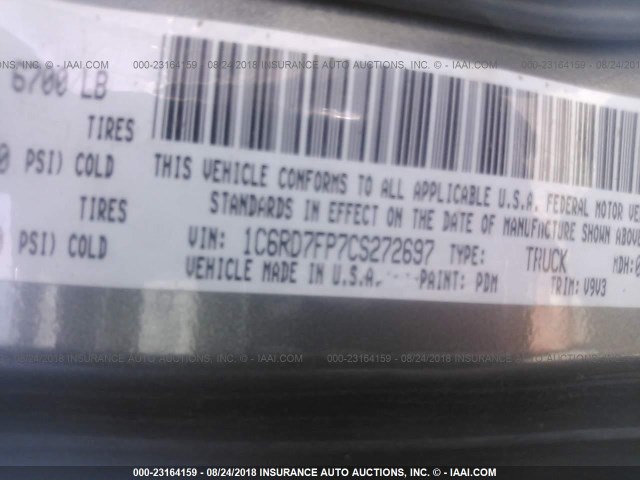 1C6RD7FP7CS272697 - 2012 DODGE RAM 1500 ST GRAY photo 9