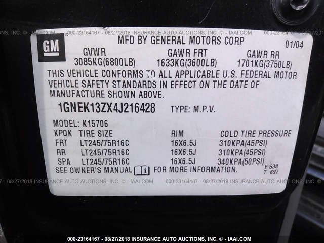 1GNEK13ZX4J216428 - 2004 CHEVROLET TAHOE K1500 BLUE photo 9