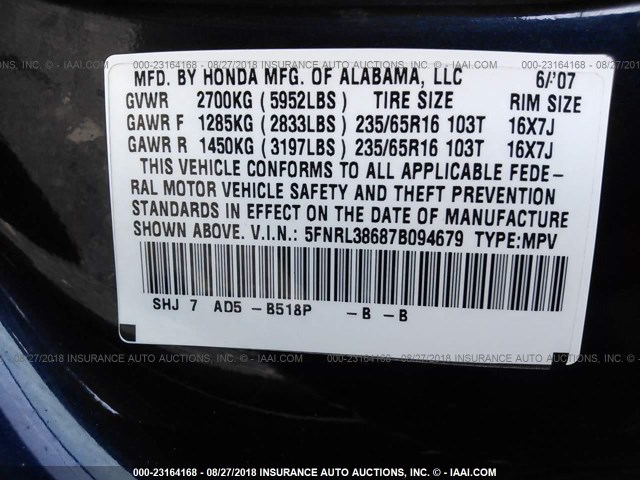 5FNRL38687B094679 - 2007 HONDA ODYSSEY EXL BLUE photo 9