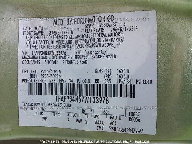 1FAFP34N57W133976 - 2007 FORD FOCUS ZX4/S/SE/SES 绿色 照片 9