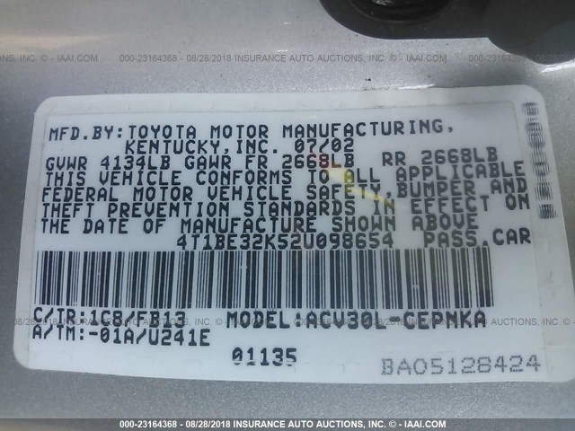 4T1BE32K52U098654 - 2002 TOYOTA CAMRY LE/XLE/SE Gümüş foto 9