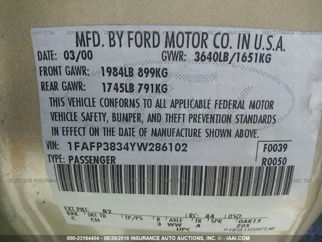 1FAFP3834YW286102 - 2000 FORD FOCUS ZTS GOLD photo 9