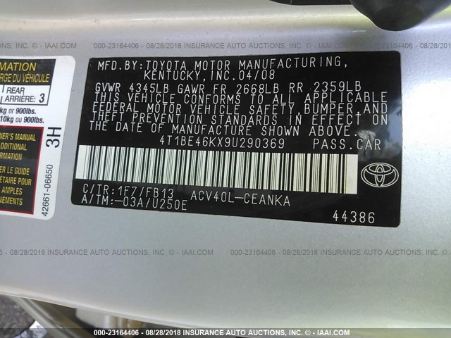 4T1BE46KX9U290369 - 2009 TOYOTA CAMRY SE/LE/XLE 银色 照片 9