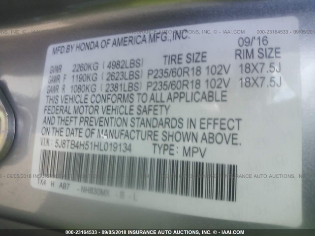 5J8TB4H51HL019134 - 2017 ACURA RDX TECHNOLOGY SILVER photo 9