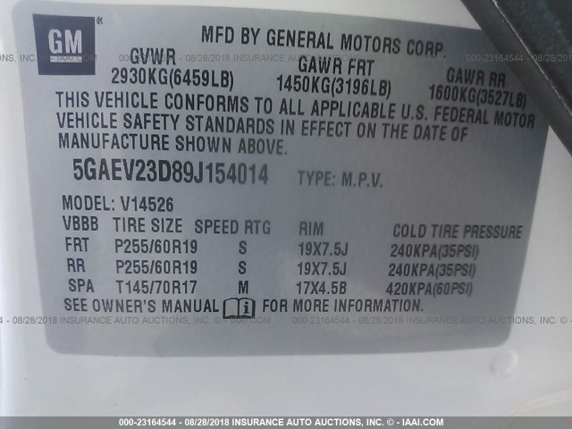 5GAEV23D89J154014 - 2009 BUICK ENCLAVE CXL 白色 照片 9