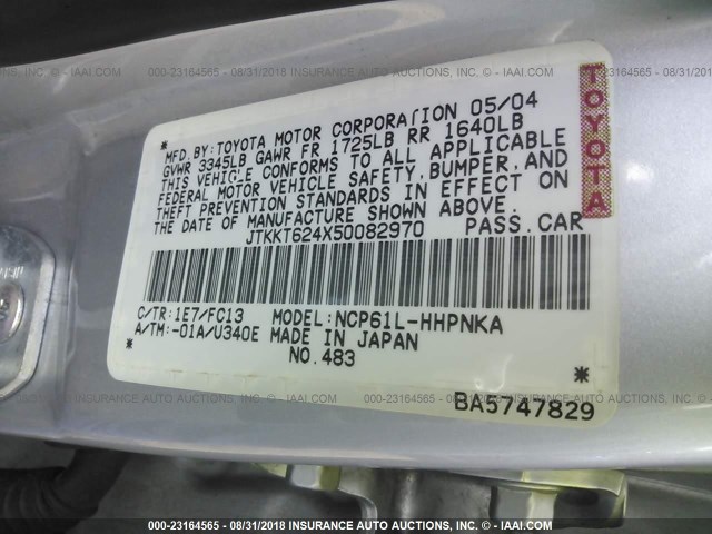 JTKKT624X50082970 - 2005 TOYOTA SCION XA ვერცხლისფერი ფოტო 9