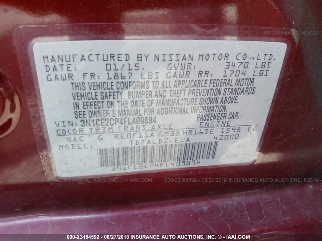 3N1CE2CP4FL409894 - 2015 NISSAN VERSA NOTE S/S PLUS/SV/SL/SR RED photo 9