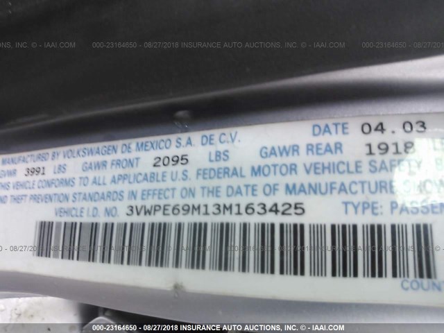 3VWPE69M13M163425 - 2003 VOLKSWAGEN JETTA WOLFSBURG 银色 照片 9