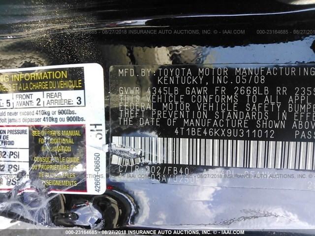 4T1BE46KX9U311012 - 2009 TOYOTA CAMRY SE/LE/XLE შავი ფოტო 9