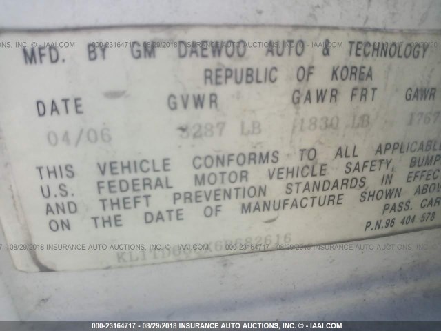 KL1TD666X6B682616 - 2006 CHEVROLET AVEO LS WHITE photo 9