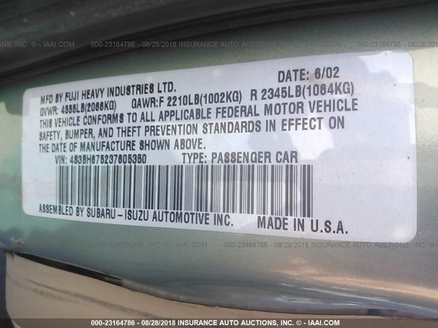 4S3BH675237605350 - 2003 SUBARU LEGACY OUTBACK AWP 绿色 照片 9