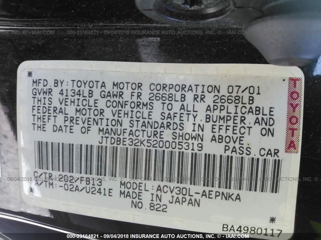 JTDBE32K520005319 - 2002 TOYOTA CAMRY LE/XLE/SE Қара фото 9