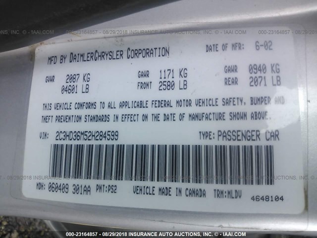 2C3HD36M52H284599 - 2002 CHRYSLER CONCORDE LXI SILVER photo 9