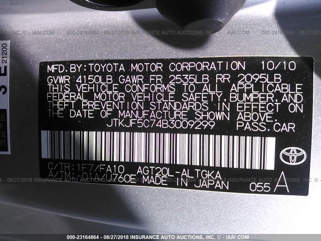 JTKJF5C74B3009299 - 2011 TOYOTA SCION TC 银色 照片 9