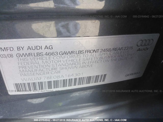 WAUAF78E08A164301 - 2008 AUDI A4 2.0T GRAY photo 9