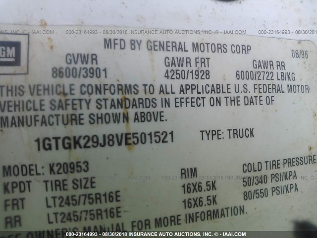 1GTGK29J8VE501521 - 1997 GMC SIERRA K2500 WHITE photo 9