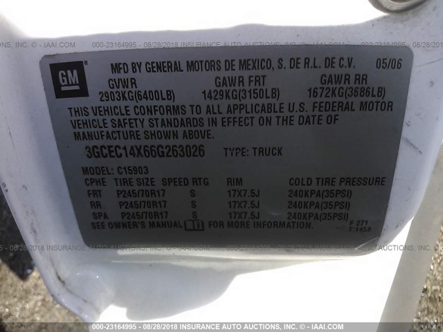 3GCEC14X66G263026 - 2006 CHEVROLET SILVERADO C1500 WHITE photo 9