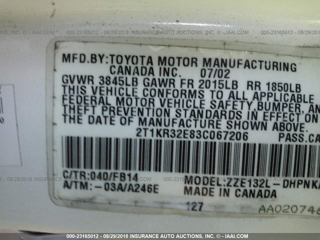 2T1KR32E83C067206 - 2003 TOYOTA COROLLA MATRIX XR WHITE photo 9