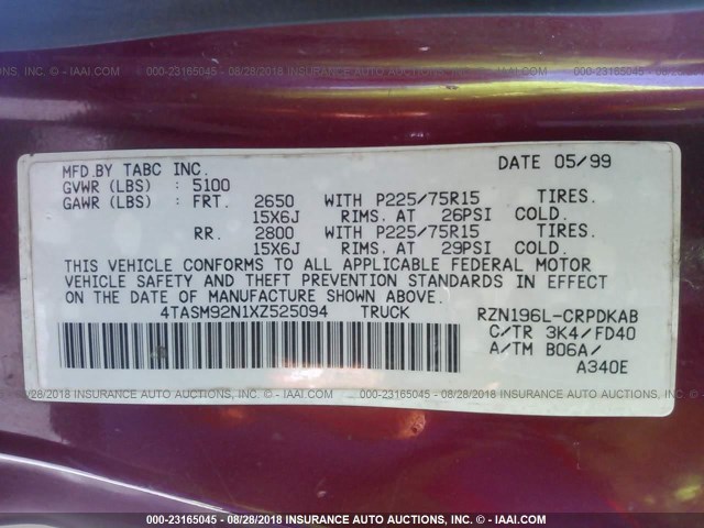 4TASM92N1XZ525094 - 1999 TOYOTA TACOMA XTRACAB PRERUNNER მუქწითელი ფოტო 9