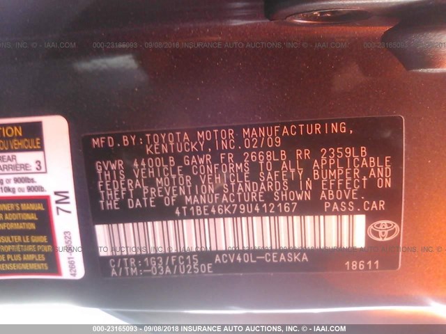 4T1BE46K79U412167 - 2009 TOYOTA CAMRY SE/LE/XLE ნაცრისფერი ფოტო 9