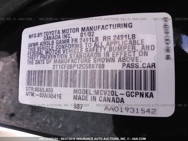 2T1CF28P12C589769 - 2002 TOYOTA CAMRY SOLARA SE/SLE მწვანე ფოტო 9