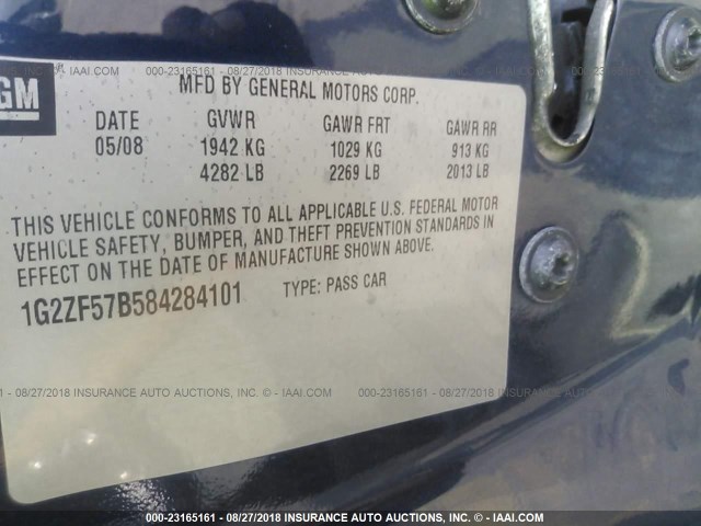 1G2ZF57B584284101 - 2008 PONTIAC G6 VALUE LEADER/BASE BLUE photo 9