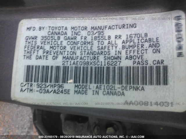 2T1AE09BXSC116227 - 1995 TOYOTA COROLLA LE/DX GRAY photo 9