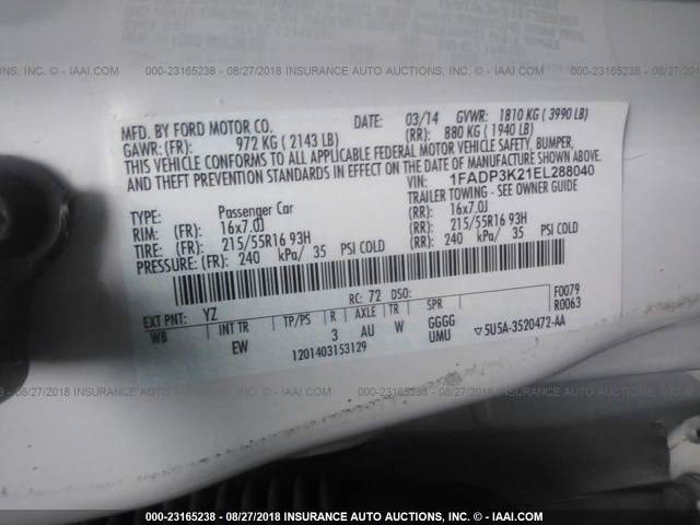 1FADP3K21EL288040 - 2014 FORD FOCUS SE WHITE photo 9