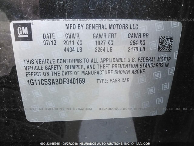 1G11C5SA3DF340169 - 2013 CHEVROLET MALIBU 1LT 黑色 照片 9