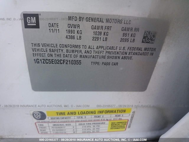 1G1ZC5E02CF210355 - 2012 CHEVROLET MALIBU 1LT თეთრი ფოტო 9