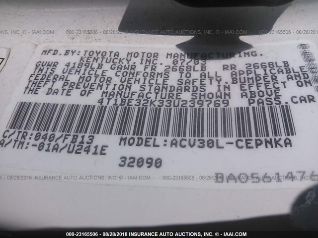 4T1BE32K33U239769 - 2003 TOYOTA CAMRY LE/XLE/SE 白色 照片 9