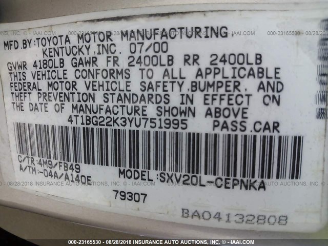 4T1BG22K3YU751995 - 2000 TOYOTA CAMRY CE/LE/XLE 金色 照片 9