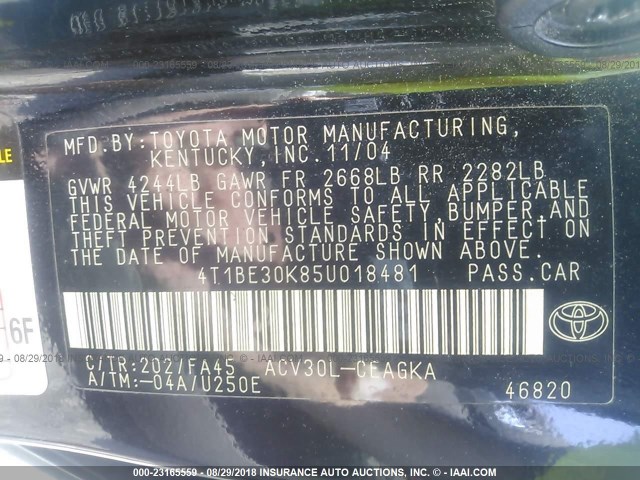 4T1BE30K85U018481 - 2005 TOYOTA CAMRY LE/XLE/SE 黑色 照片 9