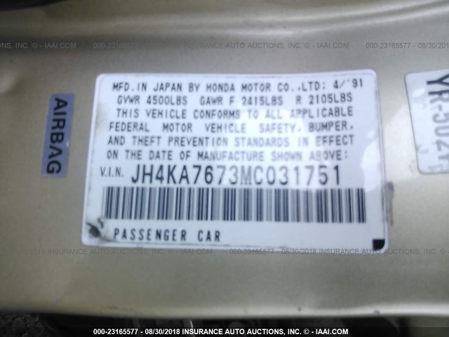 JH4KA7673MC031751 - 1991 ACURA LEGEND LS TAN photo 9