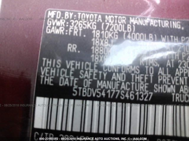 5TBDV54177S461327 - 2007 TOYOTA TUNDRA CREWMAX SR5 BURGUNDY photo 9