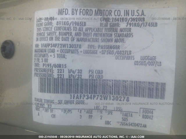 1FAFP34P72W130278 - 2002 FORD FOCUS SE/SE COMFORT GOLD photo 9